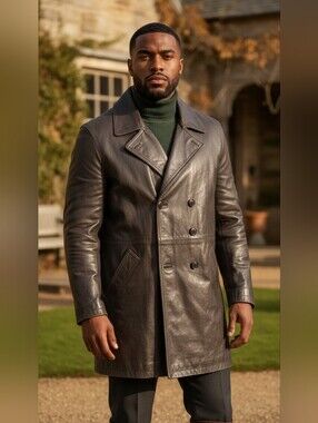 The Jacket Maker Men's Dark Brown Leather Double-Breasted Pea Coat